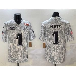 Exceptional Philadelphia Eagles 1 Jalen Hurts Arctic Camo 2025 Super Bowl LIX Patch F.U.S.E Salute To Service Limited Stitched Football Jersey Phenomenal