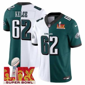 Exquisite Philadelphia Eagles 62 Jason Kelce White Green Split 2025 Super Bowl LIX Enchanting Patch F.U.S.E Vapor Untouchable Limited Stitched Football Jersey