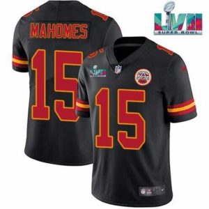 Gorgeous Kansas City Chiefs 15 Patrick Mahomes Black Super Sophisticated Bowl LVII Patch Vapor Untouchable Limited Stitched Jersey