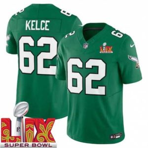 Gorgeous Philadelphia Eagles Jason Kelce Impressive #62 Kelly Green 2024 2025 Super Bowl LIX F.U.S.E Stitched NFL Jersey