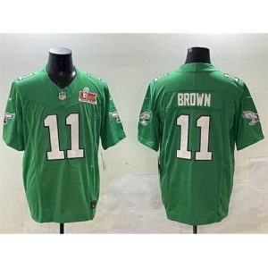 Magnificent Philadelphia Eagles 11 A J Brown Green 2025 Super Bowl LIX Patch F.U.S.E Throwback Terrific Vapor Untouchable Limited Stitched Football Jersey