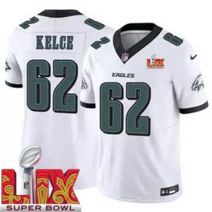 Outstanding Philadelphia Eagles Jason Superb Kelce #62 White 2024 2025 Super Bowl LIX F.U.S.E Stitched NFL Jersey