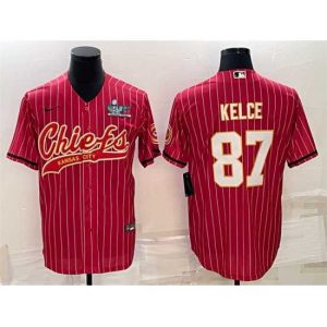 Premium Kansas City Chiefs 87 Travis Kelce Red With Super Bowl LVII Distinguished Patch Cool Base Stitched Baseball Jersey