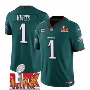 Premium Philadelphia Eagles 1 Jalen Hurts Green Fantastic 2025 Super Bowl LIX Patch With 3 Star C Patch New F.U.S.E Vapor Untouchable Limited Stitched Football Jersey