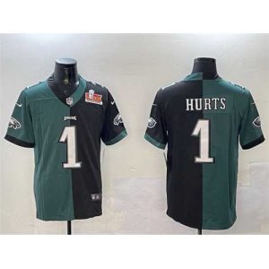 Premium Philadelphia Eagles 1 Jalen Hurts Green 26 Black Striking Split 2025 Super Bowl LIX Patch Vapor Untouchable Limited Stitched Football Jersey