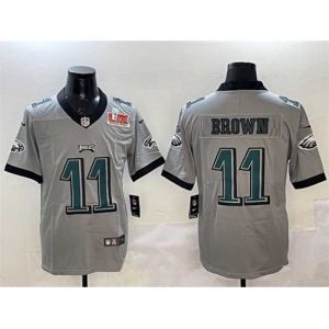 Premium Philadelphia Eagles Striking 11 A J Brown Grey 2025 Super Bowl LIX Patch Vapor Untouchable Limited Stitched Football Jersey