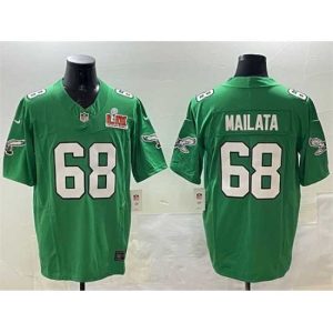 Premium Philadelphia Eagles 68 Jordan Mailata Green 2025 Super Bowl LIX Patch F.U.S.E Throwback Vapor Untouchable Stunning Limited Stitched Football Jersey