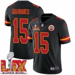 Stunning Kansas City Chiefs Patrick Mahomes #15 Black 2024 2025 Super Bowl LIX F.U.S.E Stitched Jersey Superior