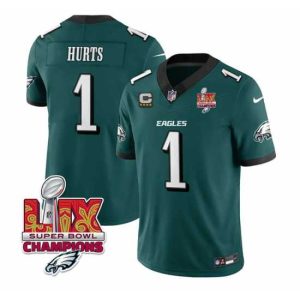 Stunning Philadelphia Eagles 1 Jalen Hurts Alluring Green 2025 Eagles Logo Super Bowl LIX Patch With 4 Star C Patch New F.U.S.E Vapor Untouchable Limited Stitched Footb