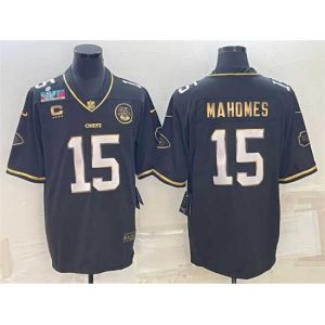 Superior Kansas City Chiefs 15 Patrick Mahomes Black Gold Super Bowl LVII Patch And 4 Star C Patch Vapor Untouchable Limited Stitched Jersey Dashing