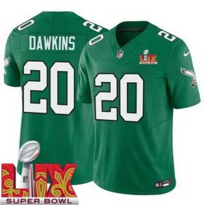 Superior Philadelphia Eagles Brian Dawkins #20 Kelly Green Exceptional 2024 2025 Super Bowl LIX F.U.S.E Stitched NFL Jersey